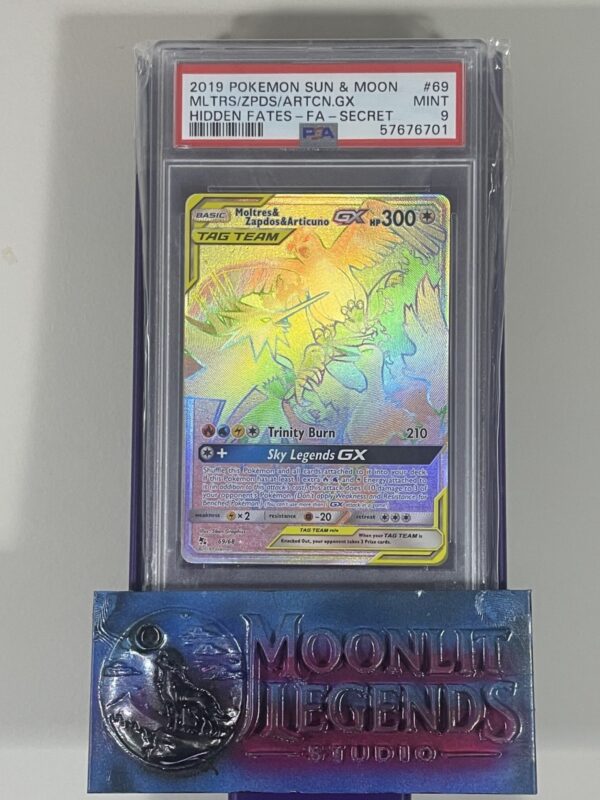 Moltres & Zapdos & Articuno GX – Sun & Moon #69, Hidden Fates FA-Secret (PSA MINT 9)