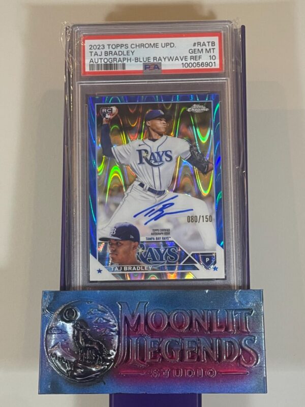 Taj Bradley – 2023 Topps Chrome Update #RA-TB, Rookie Autograph Blue RayWave Refractor, /150 (PSA 10 Gem Mint)