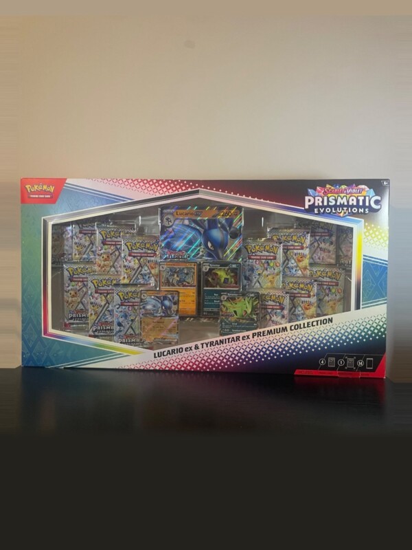 Scarlet and Violet Prismatic Evolutions Lucario ex and Tyranitar ex Premium Collection